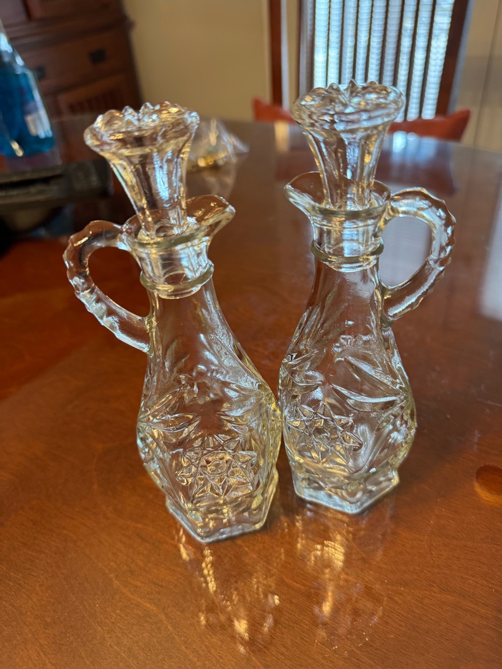 Pair of Clear Pressed glass Cruet Bottles oil vinegar